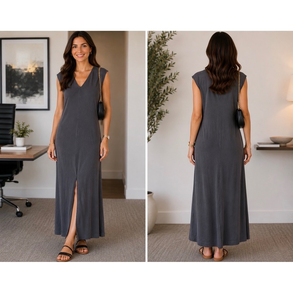 Zara Womens Charcoal Gray V-Neck Sleeveless Front Slit‎ Maxi Dress Size Small